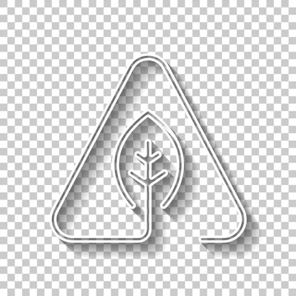 Eko yaprak uyarı üçgeni içinde. ekoloji ile sorun. Doğrusal sembolü ile ince anahat. bir çizgi stili. Gölge şeffaf arka plan üzerinde beyaz anahat işaretiyle
