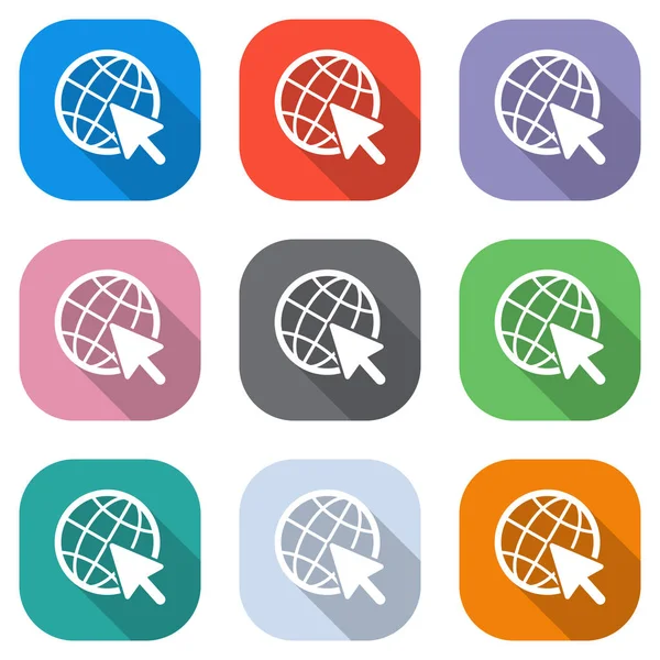 Küre ve ok simgesi. Beyaz simgeleri uygulamalar için renkli kareler olarak ayarlayın. Sorunsuz imkanı ve desen poster için