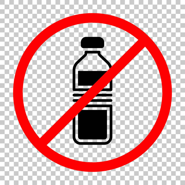 Бутылка воды, простая икона. Не допускается, черный объект в красном предупреждении знак с прозрачным фоном
