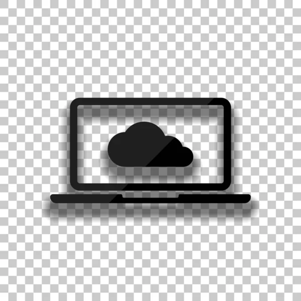 Cloud technology, software. Laptop and cloud. Black glass icon with soft shadow on transparent background