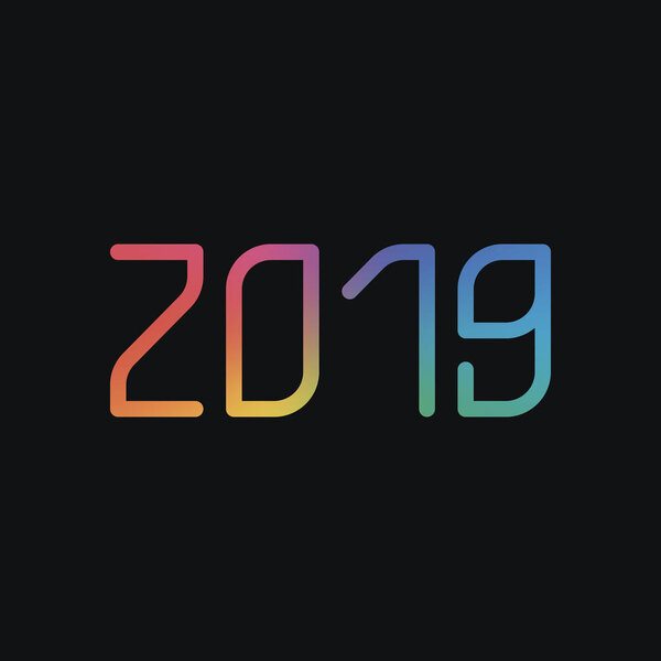 2019 number icon. Happy New Year. Rainbow color and dark background