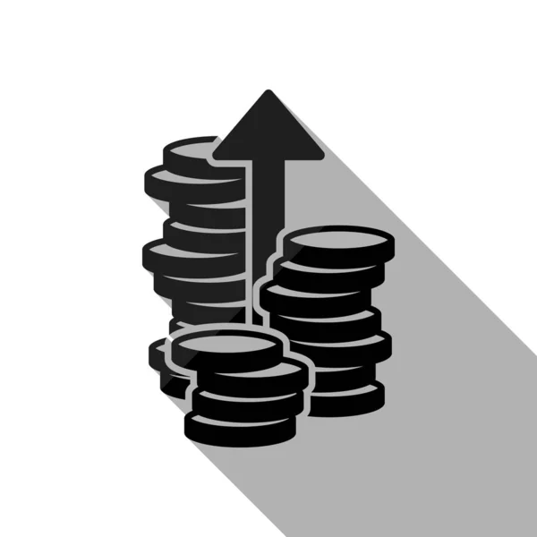 Monedas Apiladas Finanzas Creciendo Flecha Arriba Objeto Negro Con Sombra — Vector de stock