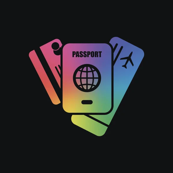 パスポート チケット クレジット カード 空気旅行の概念 虹色と暗い背景 — ストックベクタ