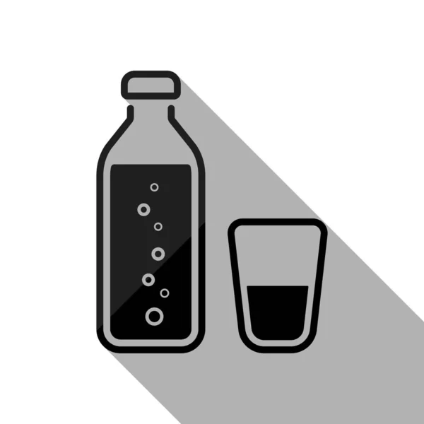 泡とガラスのコップと水のボトル シンプルなアイコン 白い背景上の長い影と黒い物体 — ストックベクタ