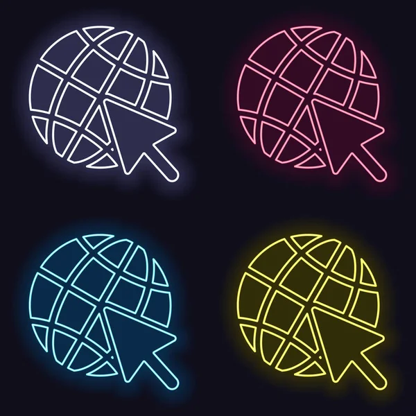 Globe Pictograma Săgeată Set Semn Neon Stilul Cazinoului Fundal Întunecat — Vector de stoc