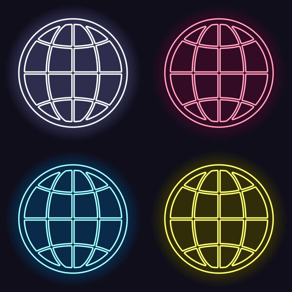 Глобус, планета. простой силуэт. Набор неоновых знаков моды. Казино стиль на темном фоне. Бесшовный рисунок
