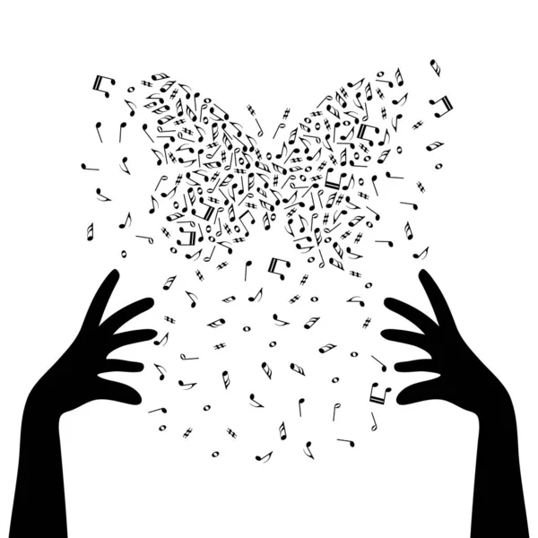 Silhouette Des Mains Créent Papillon Par Note Clef Affiche Musicale — Image vectorielle