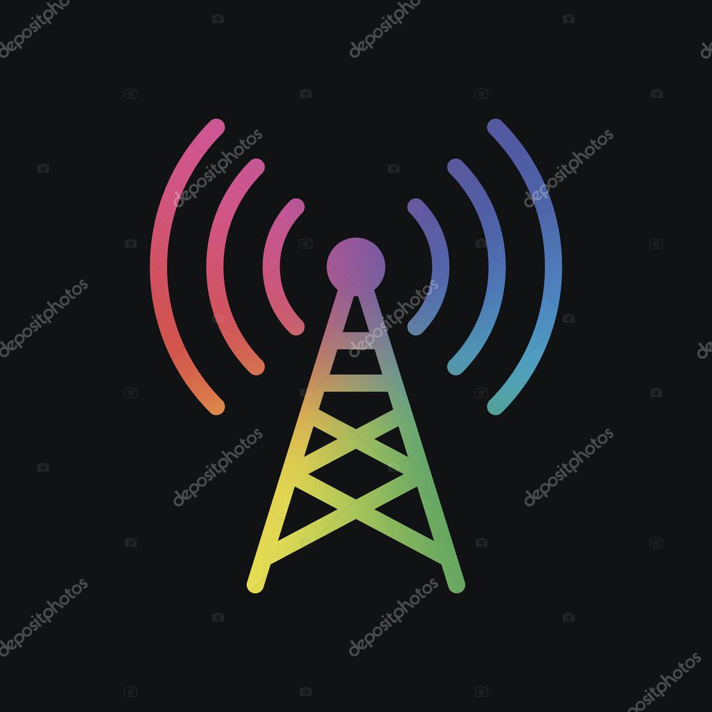 Radio tower icon. Linear style. Rainbow color and dark background
