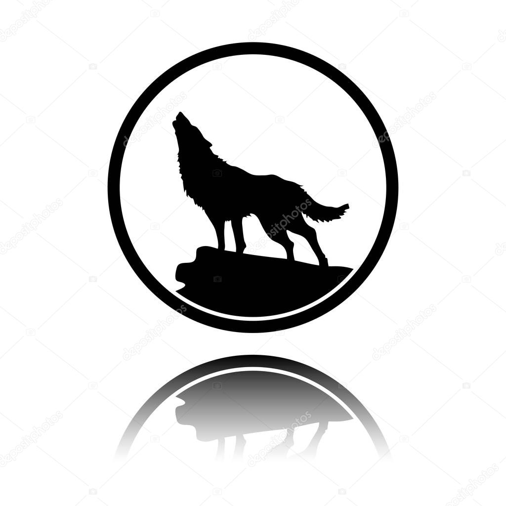 Wolf. simple icon. Black icon with mirror reflection on white background