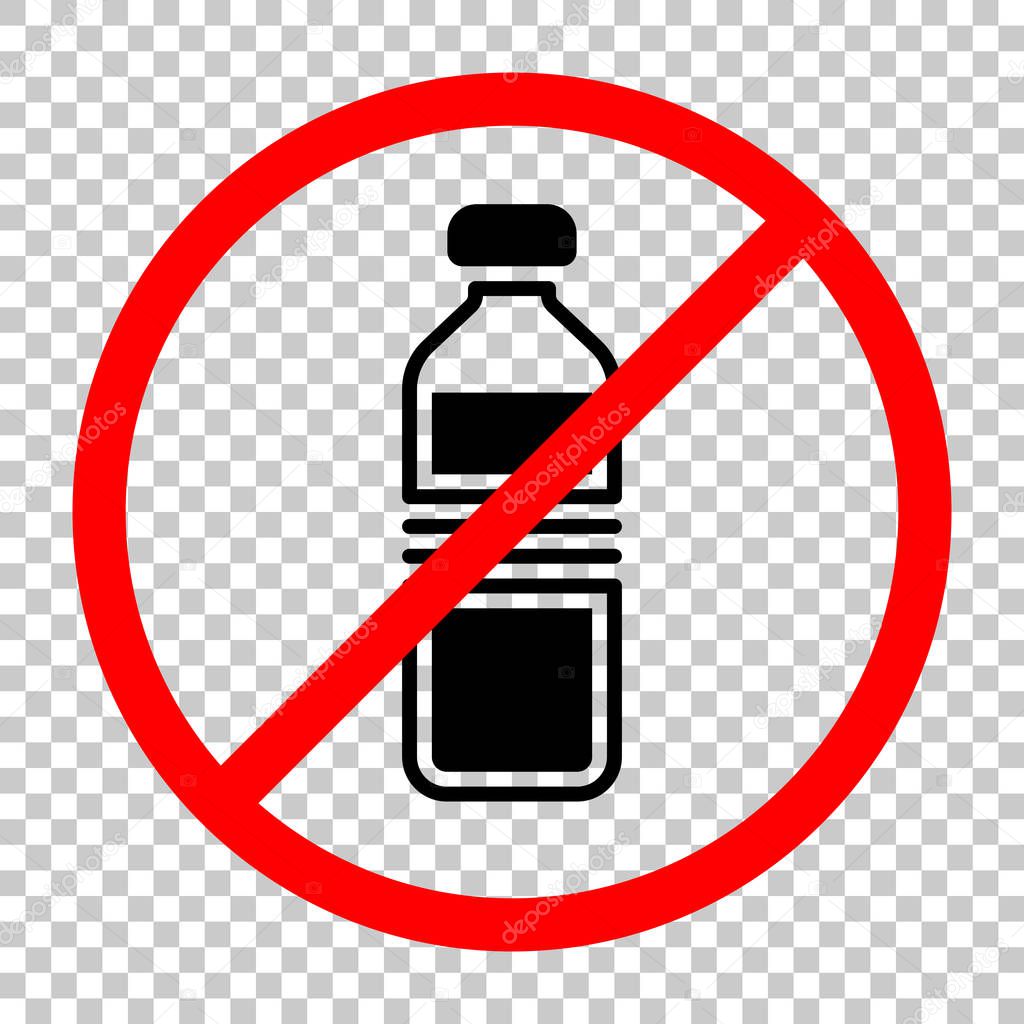 Bottle of water, simple icon. Not allowed, black object in red warning sign with transparent background