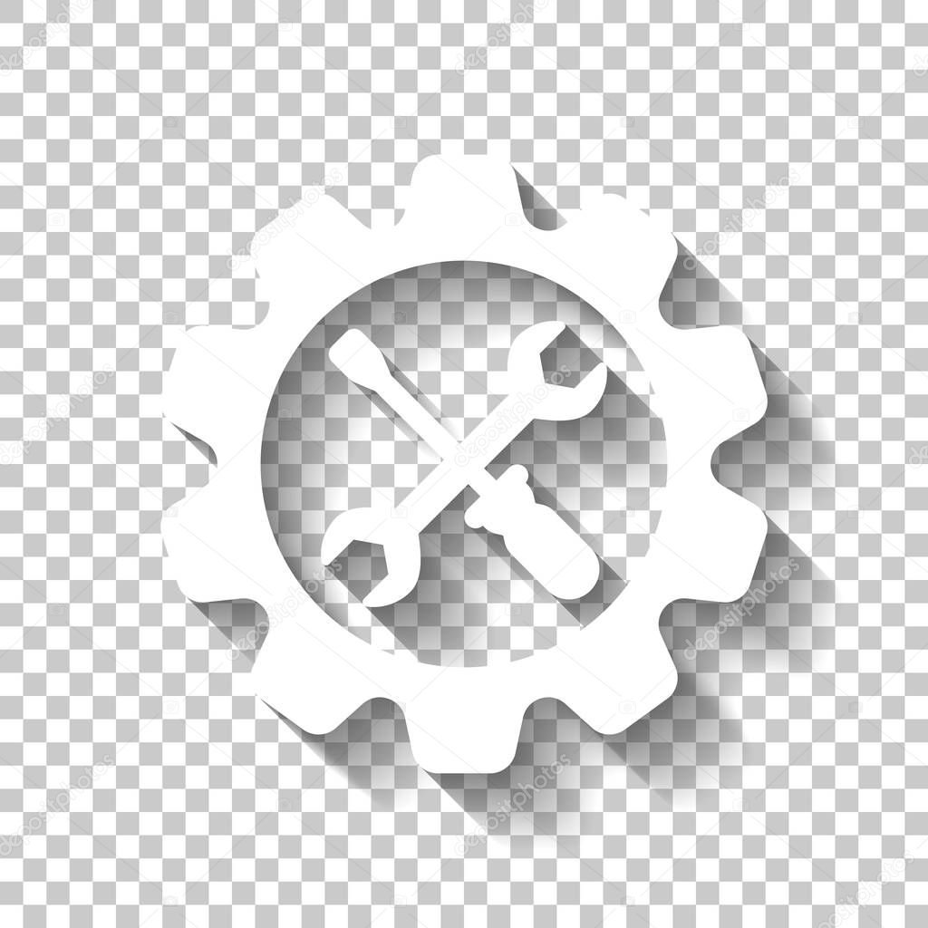 Wrench and screwdriver in gear. White icon with shadow on transparent background