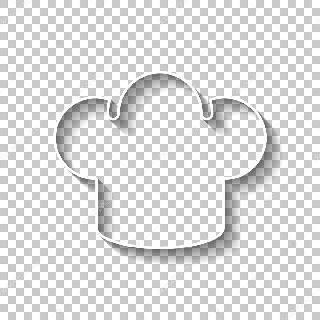 Simple chef hat icon. Kitchen logo. White outline sign with shadow on transparent background