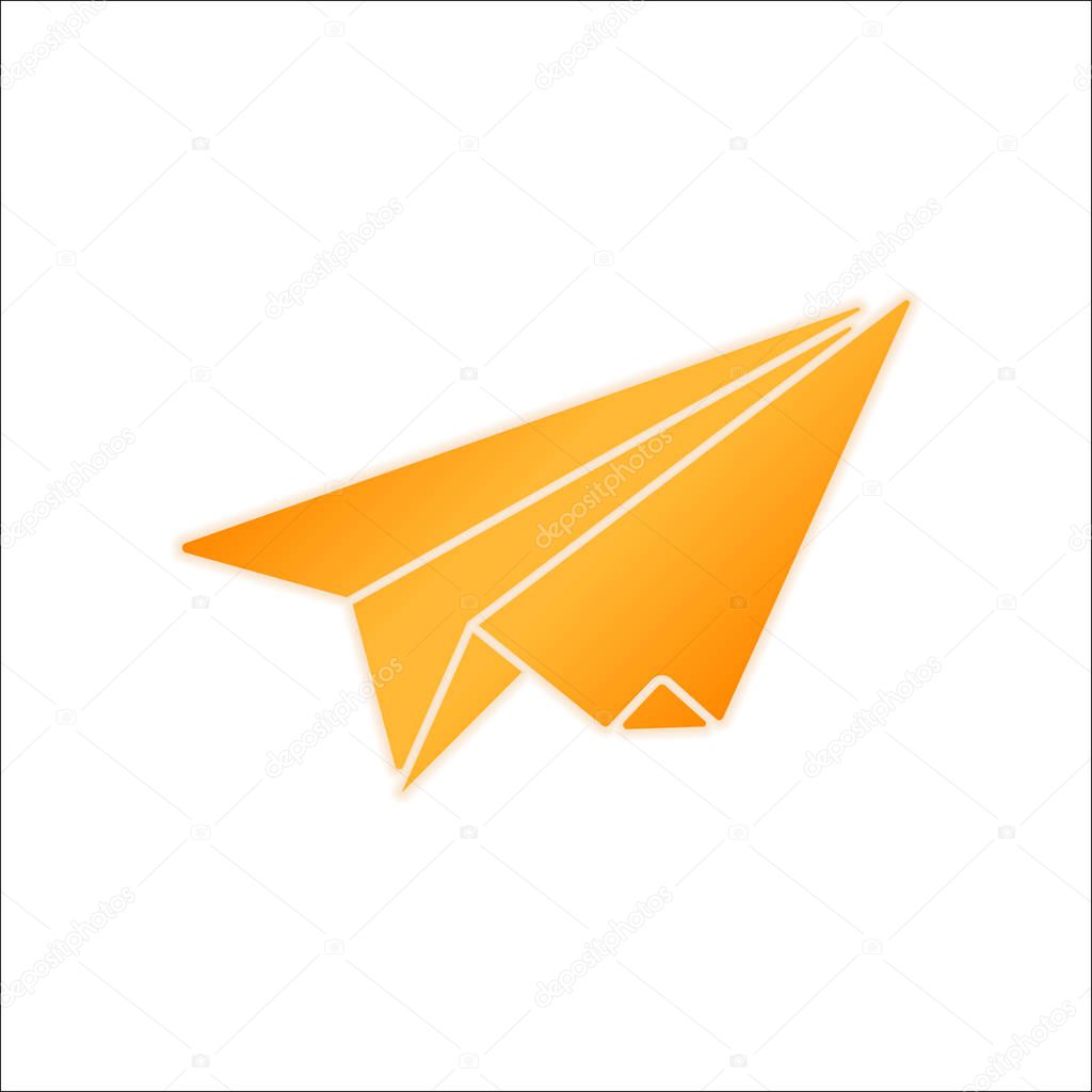 Paper plane. origami glider. Orange sign with low light on white background