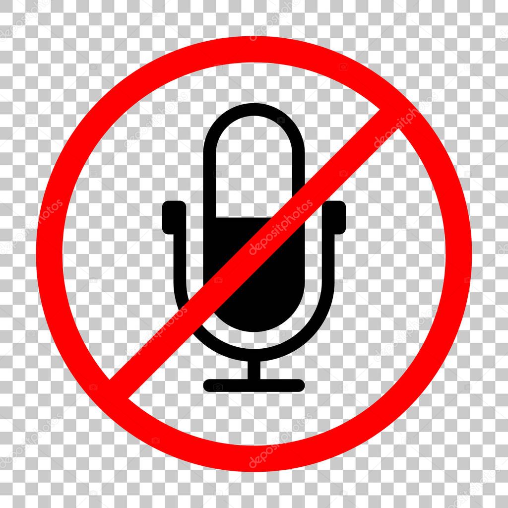 Simple microphone icon. Not allowed, black object in red warning sign with transparent background