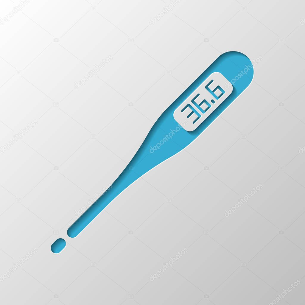 Electronic medical thermometer for body. Paper design. Cutted symbol with shadow