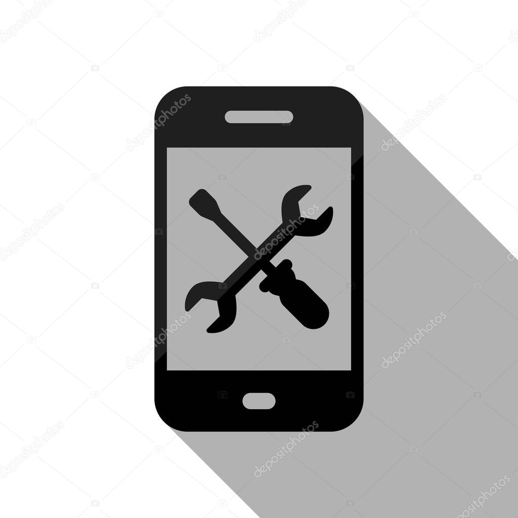 Phone repair service icon. Black object with long shadow on white background