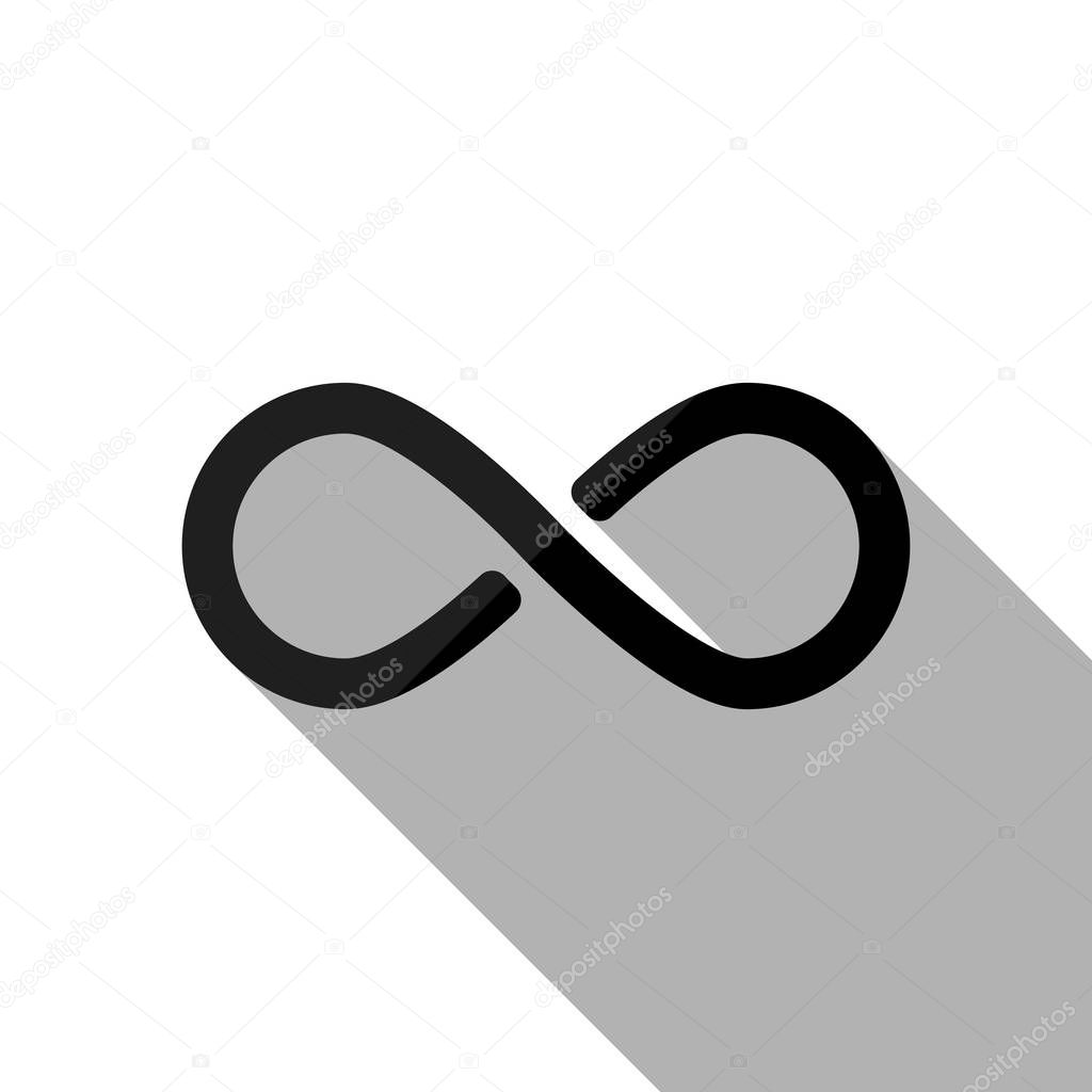 infinity symbol, simple icon. Black object with long shadow on white background
