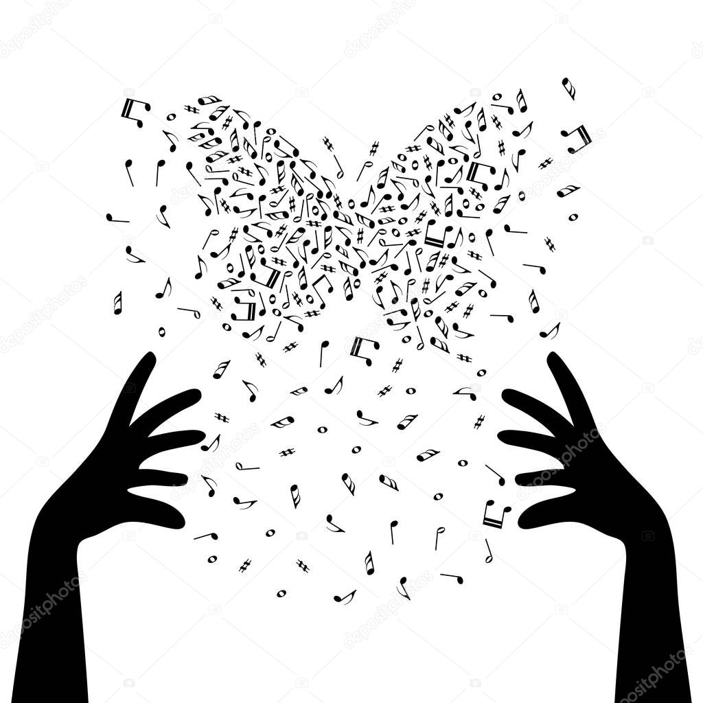 Silhouette of hands are creating the butterfly by note clef. Music poster. Magic of music. Live nusic. Mastermind-conductor