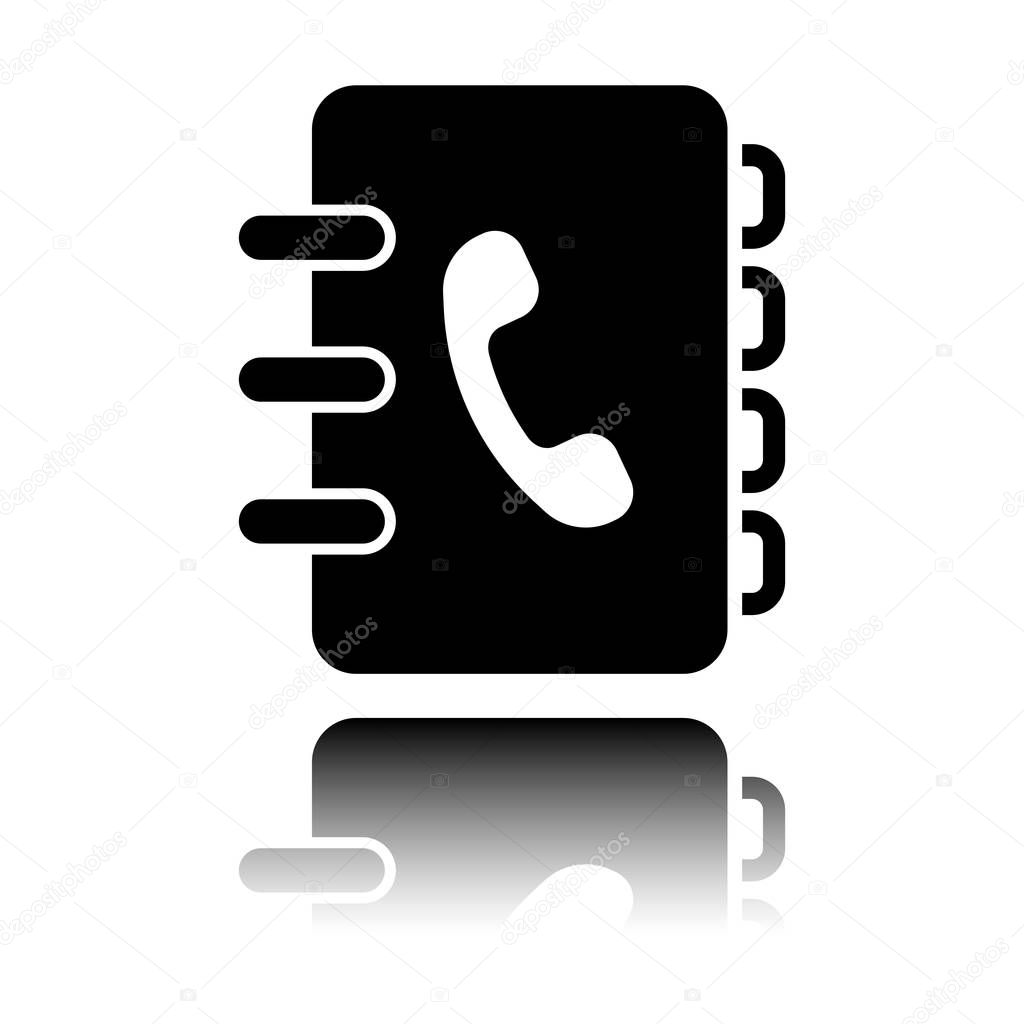 address book with phone sign on cover. simple icon. Black icon with mirror reflection on white background