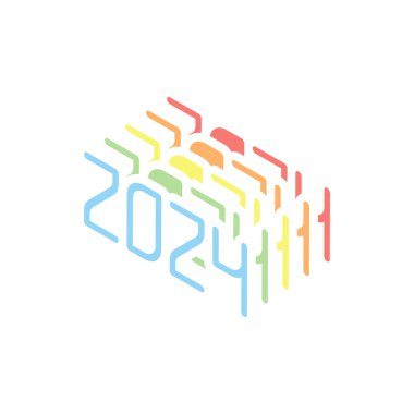 2024 sayı simgesi. Yeni Yılınız Kutlu Olsun. Beyaz arka plan üzerinde renkli izometrik simgeler yığını