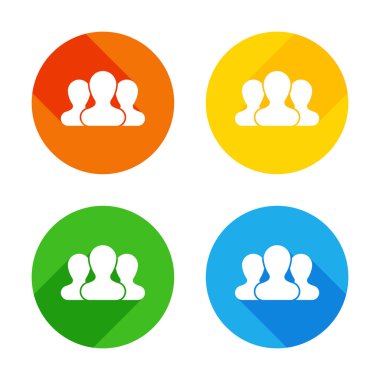 Takım, birkaç kişi. Renkli daireler arka plan düz beyaz simgesi. Dört farklı uzun gölgeler her köşe