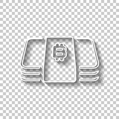 Bitcoin para veya fişlerin sürüsü. İş simgesi. Gölge şeffaf arka plan üzerinde beyaz anahat işaretiyle