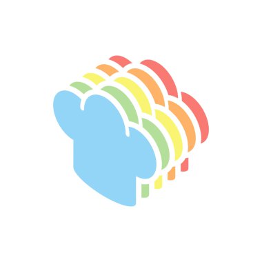 Basit chef şapka simgesi. Mutfak logosunu görmeniz gerekir. Beyaz arka plan üzerinde renkli izometrik simgeler yığını