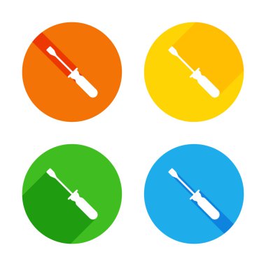 Tornavida basit silüeti. Renkli daireler arka plan düz beyaz simgesi. Dört farklı uzun gölgeler her köşe