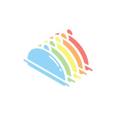 Restoran cloche veya tepsi. Restoran simgesi. Beyaz arka plan üzerinde renkli izometrik simgeler yığını