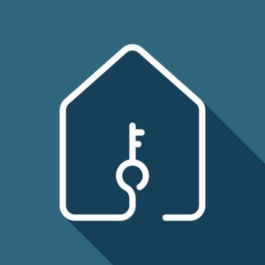 anahtar simgesi olan ev. çizgi stili. Uzun Gölge arka plan üzerinde beyaz düz simgesi