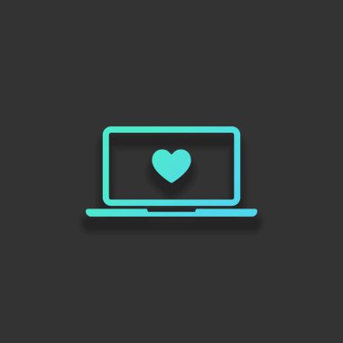 Laptop ya da defter bilgisayar ekranında kalp ile. Basit simgesi. Renkli logo kavramı koyu arka plan üzerinde yumuşak gölge ile. Masmavi okyanus rengini simgesi