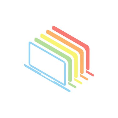 Laptop ya da defter bilgisayar kutsal kişilerin resmi. Beyaz arka plan üzerinde renkli izometrik simgeler yığını