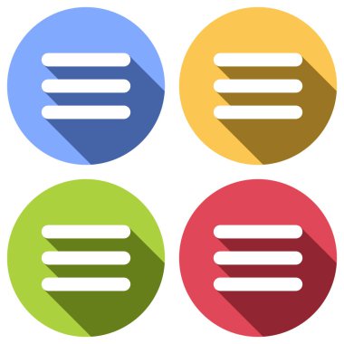 Hamburger menü. Web simgesi. Mavi, turuncu, yeşil ve kırmızı renkli daireler uzun gölge ile beyaz simgeler kümesi. Etiket tarzı