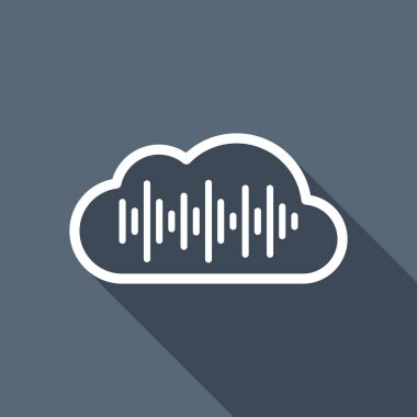 Bulut ve Ses ekolayzer dalga ile basit simgesi. İnce anahat. Uzun Gölge arka plan üzerinde beyaz düz simgesi