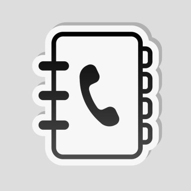 Adres defteri ile telefon kapağında imzala. basit simgesi. Doğrusal sembolü ile ince anahat. Etiket tarzı ile beyaz ve gri arka plan üzerinde basit gölge