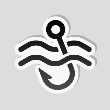 Balıkçılık kanca ve su. Basit simgesi. Etiket tarzı ile beyaz ve gri arka plan üzerinde basit gölge