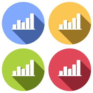 Grapgic finans, büyümek. Mavi, turuncu, yeşil ve kırmızı renkli daireler uzun gölge ile beyaz simgeler kümesi. Etiket tarzı