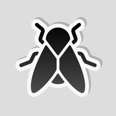 Sinek silüeti. Böcek, doğa simgesi. Etiket tarzı ile beyaz ve gri arka plan üzerinde basit gölge