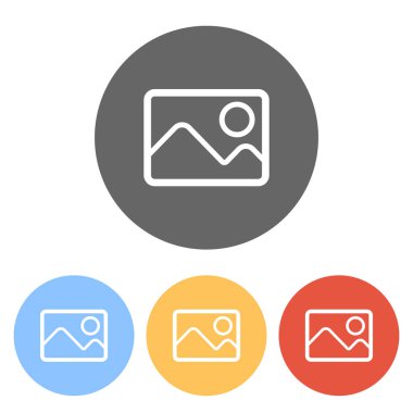 Dağlar ve güneş çift ile hayal et. Basit doğrusal simgesi. Renkli daireler üzerinde beyaz simgeler kümesi