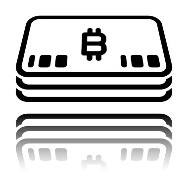 Bitcoin para veya fişlerin sürüsü. İş simgesi. Siyah beyaz arka plan ayna yansıması simgesiyle