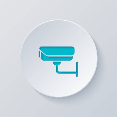 Güvenlik kamerası. Teknoloji simgesi. Gri ve mavi katmanları ile daire kes. Kağıt tarzı