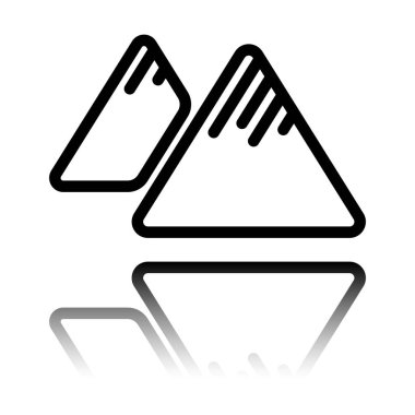 Dağlar simgesi. İnce anahat doğrusal stiliyle. Siyah beyaz arka plan ayna yansıması simgesiyle