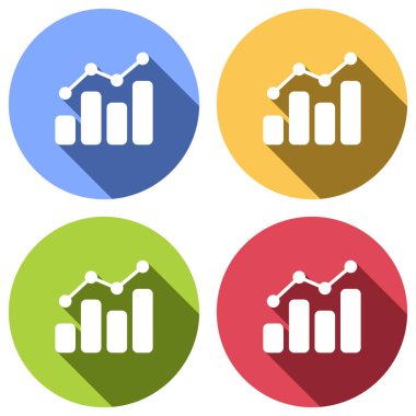 Grapgic finans, büyümek. Mavi, turuncu, yeşil ve kırmızı renkli daireler uzun gölge ile beyaz simgeler kümesi. Etiket tarzı
