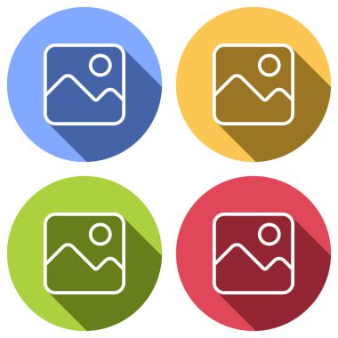 Basit resim simgesi. Doğrusal sembol, ince anahat. Mavi, turuncu, yeşil ve kırmızı renkli daireler uzun gölge ile beyaz simgeler kümesi. Etiket tarzı