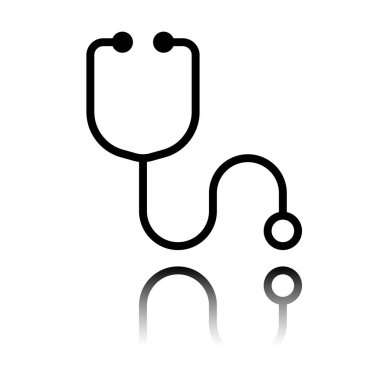 Basit stetoskop simgesi. Doğrusal, ince anahat. Siyah beyaz arka plan ayna yansıması simgesiyle