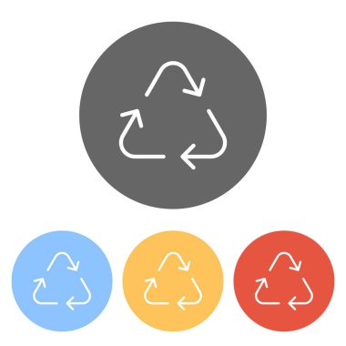 Geri dönüşüm veya simgesini yeniden kullanabilirsiniz. İnce oklar, doğrusal tarzı. Renkli daireler üzerinde beyaz simgeler kümesi