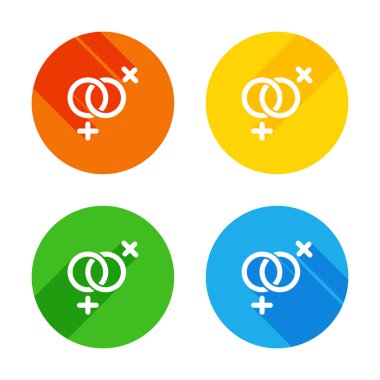 cinsiyet sembolü. Doğrusal sembolü. basit lezbiyen simgesi. Renkli daireler arka plan düz beyaz simgesi. Dört farklı uzun gölgeler her köşe