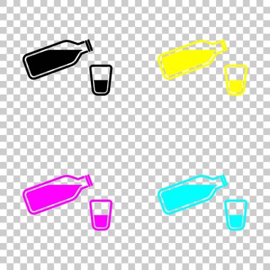 şişe su kabarcıkları ve cam bardak ile. basit simgesi. Cmyk simgeleri şeffaf arka plan üzerinde renkli dizi