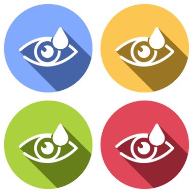 Göz ve bırak. Basit simgesi. Mavi, turuncu, yeşil ve kırmızı renkli daireler uzun gölge ile beyaz simgeler kümesi. Etiket tarzı
