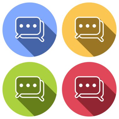 Basit sohbet. Bir kaç kare metin bulutlar. İnce anahat ile doğrusal simgesi. Mavi, turuncu, yeşil ve kırmızı renkli daireler uzun gölge ile beyaz simgeler kümesi. Etiket tarzı